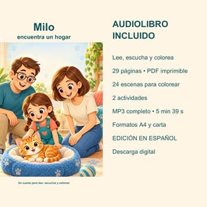 Puede incluir: Un libro digital infantil titulado Milo encuentra un hogar con una ilustración de una familia y un gato naranja en una cama azul. El texto incluye AUDIOLIBRO INCLUIDO, 29 páginas, 24 escenas para colorear, 2 actividades, MP3 5 min 39 s.