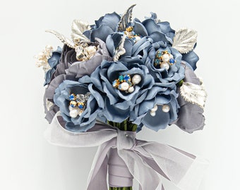 Blue Gray Couture Silk Flower Sterling Silver Leaves and Swarovski Crystal Bridal Bouquet