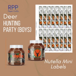 May include: A digital sheet of printable Nutella mini labels featuring a camouflage pattern and a deer silhouette logo, alongside two glass jars with white lids, one labeled with the text Logan's 5th Birthday and the other with a deer icon.