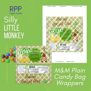 May include: A printable digital template for M&M candy bag wrappers featuring a green and brown plaid pattern, a cartoon monkey, a banana, and the text Happy Birthday Monkey. The design includes a nutrition facts label and a QR code.