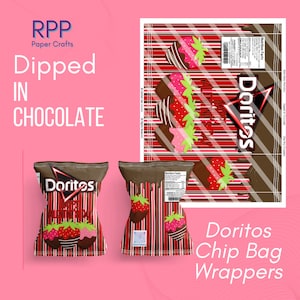 May include: A digital design for Doritos chip bag wrappers featuring a red and white striped pattern with chocolate-dipped strawberry graphics and the text "Happy Valentine's Day" and "Doritos". The layout includes nutrition facts labels.
