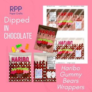 May include: A digital printable sheet featuring Haribo gummy bear wrappers with a chocolate-dipped strawberry theme. The designs include red and brown patterns, nutrition facts, and QR codes. The text reads RPP Paper Crafts, Dipped In Chocolate, and Haribo.