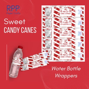 May include: A set of printable water bottle wrappers featuring a red and white candy cane striped pattern with a central white rectangular label that reads MERRY CHRISTMAS in red text, accompanied by nutrition facts and a small blue QR code.