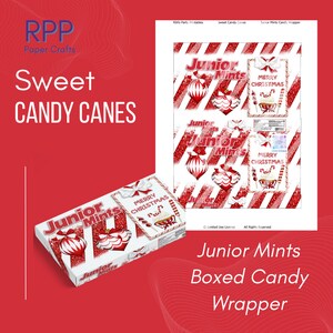 May include: A printable Junior Mints candy wrapper sheet featuring a red and white candy cane striped background, red glitter accents, Christmas ornaments, and a Merry Christmas label. Includes a folded box display with the same festive design.