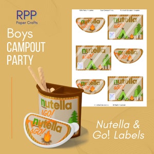 May include: A digital printable sheet featuring Nutella & Go! labels with a camping theme, including graphics of a green tent, pine trees, and a campfire. The labels display the text Nutella & Go! and are shown applied to a brown snack container.