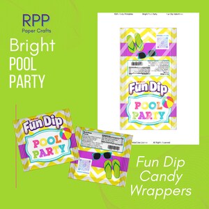 May include: Two rectangular candy wrappers featuring a yellow and white chevron pattern with purple horizontal stripes. The design includes the text Fun Dip and Pool Party, along with illustrations of green flip-flops, sunglasses, and a beach ball.