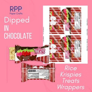 May include: A set of printable Rice Krispies Treats wrappers featuring a red and white striped pattern with chocolate-dipped strawberry graphics. The text includes RPP Paper Crafts, Dipped in Chocolate, and Rice Krispies Treats with nutrition facts.