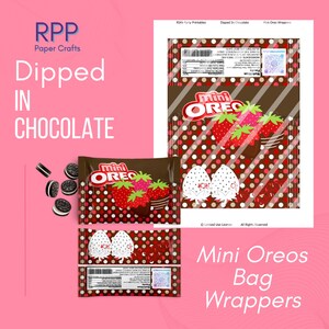 May include: A digital printable sheet for Mini Oreo bag wrappers featuring a brown background with white polka dots, red strawberries dipped in chocolate, and white strawberry-shaped gift tags with the text TO and FROM. Includes nutrition facts.