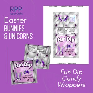 May include: Printable candy wrappers featuring a purple and silver theme with Fun Dip branding. The design includes a unicorn graphic, floral accents, and text reading Tabitha's 8th hoppin magical time. Includes nutrition facts and barcode.