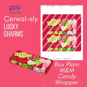 May include: A rectangular candy wrapper design featuring a red background with diagonal white stripes, the M&M's logo, and graphics of ice cream cones and cereal marshmallows. The text reads Cereal-sly Lucky to have a friend like you.