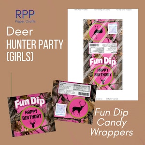 May include: A set of printable Fun Dip candy wrappers featuring a pink and brown camouflage pattern. The design includes a circular logo with a black deer silhouette, the text Fun Dip, and Happy Birthday, along with a nutrition facts label.