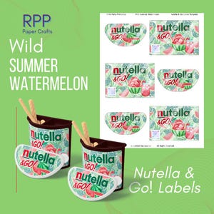 May include: A digital template sheet for Nutella & Go labels featuring a Wild Summer Watermelon theme with green palm leaves and red watermelon slices. The set includes printable labels for the snack containers and lids, displayed with two physical cups.