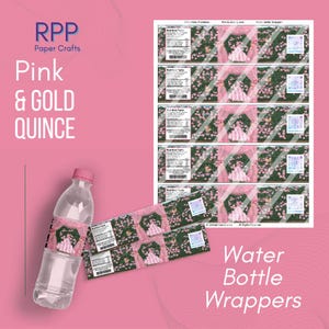 Pink & Gold Quince  Water Bottle Wrappers Drink Label Bottle Sticker Party Favor Quinceañera Sweet 16 Sixteen Fifteen Candy Wrapper Favors