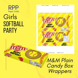 May include: A printable sheet and a finished yellow M&M's candy box wrapper featuring a softball theme. The design includes a brown softball glove, red stitching patterns, and the text "HAPPY BIRTHDAY" with the M&M's logo on a yellow background.
