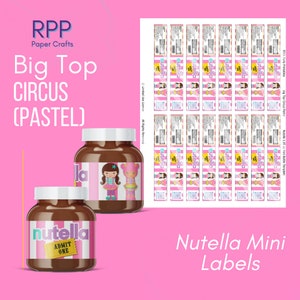 May include: Two glass jars filled with brown spread, each featuring a custom pastel pink and white striped label with the text Nutella and Admit One. Beside them is a printable sheet containing multiple identical rectangular labels for mini jars.