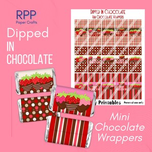 May include: A sheet of printable mini chocolate wrappers featuring red, brown, and white patterns including plaid, polka dots, and stripes. The designs include illustrations of chocolate-dipped strawberries and the text Happy Valentine's Day. Three wrapped chocolate bars are displayed in the foreground, showcasing the strawberry, polka dot, and striped patterns on silver foil.