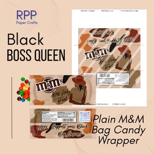 May include: A printable candy wrapper design featuring a brown and tan cow print pattern, the M&M's logo, and an illustration of a person wearing a hat. The text includes Black BOSS QUEEN, Boss Lady Fuel, and Support your Black Boss Queen.