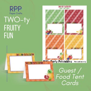 Tarjetas de invitación/carpas de comida divertidas y afrutadas de TWOty Tarjetas de colocación de obsequios de fiesta Decoraciones de fiesta Chicas de frutas Tooty Twoti Fiesta festiva afrutada