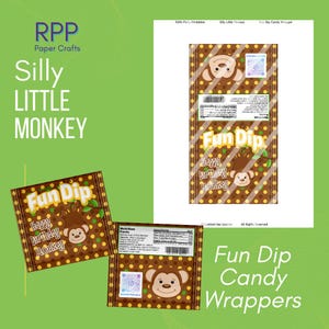 May include: Brown and yellow polka dot candy wrappers featuring a cartoon monkey face, the text Fun Dip, and Happy Birthday Monkey. The design includes a nutrition facts label, a QR code, and the RPP Paper Crafts logo on a bright green background.