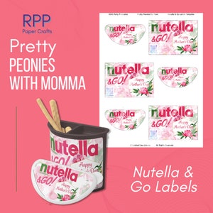 May include: A printable sheet of Nutella & Go labels featuring pink peony floral designs and the text Happy Mother's Day. The image includes a Nutella & Go snack container with a matching label applied and several breadsticks inside the cup.