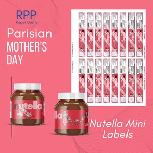 May include: A digital sheet of printable Nutella mini bottle labels featuring a Parisian theme with illustrations of figures and flowers, alongside two glass jars of Nutella displaying the custom labels with white lids on a pink background.