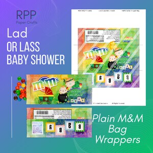 May include: A printable candy wrapper design for a baby shower featuring a green and yellow watercolor background, a baby carriage, a pot of gold, and the text Lad or Lass, what will you be? with M&M's branding and baby blocks.