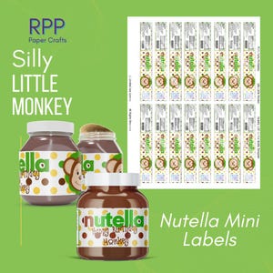 May include: A digital sheet of printable labels for mini jars featuring a monkey graphic, yellow and brown polka dots, and the text Nutella Happy Birthday Monkey. Three jars with these labels applied are shown on a green background.