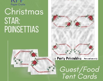 May include: Printable Christmas Star Poinsettias food tent cards featuring a white background with a subtle diagonal pattern, a red geometric frame, and red and white poinsettia floral accents. The set includes a sheet of four cards.