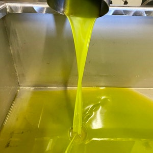 May include: A stainless steel spout pours bright green olive oil into a stainless steel container. The oil is filling the container and creating a ripple effect.