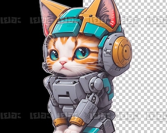 Un gatto con un robot, disegni di t-shirt, download stampabile, disegni dtf, dtf png,