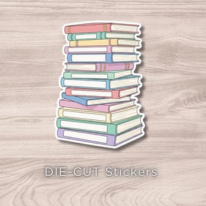 Sticker hoge stapel boeken | Bookish vinyl gestanste sticker | Cadeau boekenliefhebber | Leessticker voor laptop, dagboek, Kindle, boekenwagentje
