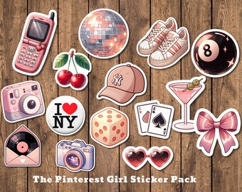 May include: A collection of pink and white stickers on a wooden background. Stickers include a flip phone, disco ball, sneakers, an 8-ball, cherries, a baseball cap, dice, playing cards, a martini, heart-shaped sunglasses, a camera, and a bow. Text: The Pinterest Girl Sticker Pack.