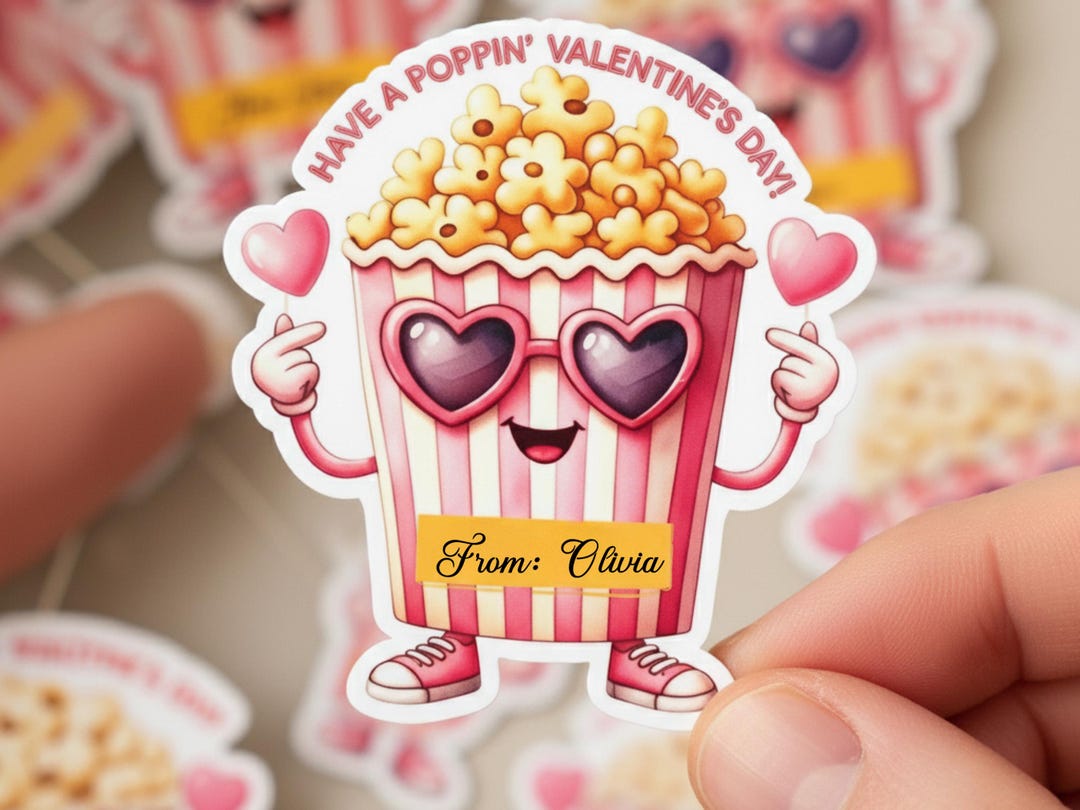 Popcorn Word Sticker Valentine Popcorn Stickers – Custom Name Classroom Valentine Tags for ...