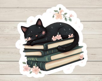 May include: A sticker featuring a black cat sleeping atop a stack of books. The cat has closed eyes and pink cheeks, with small pink flowers and leaves scattered around. The books are green with tan pages.