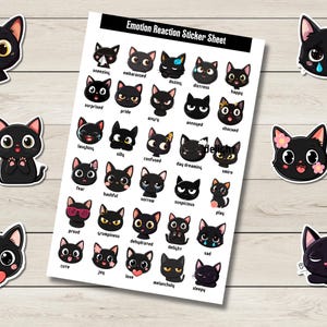 Hoja de pegatinas de reacción emocional de un lindo gato negro / Pegatinas para planificador / Pegatinas de gato kawaii / Opciones laminadas y sin laminar