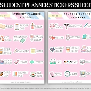 May include: Two sheets of student planner stickers featuring icons and text such as "Read," "Relax," "Homework," and "Exam." The stickers are on a pink background with blue and white stripes at the top.