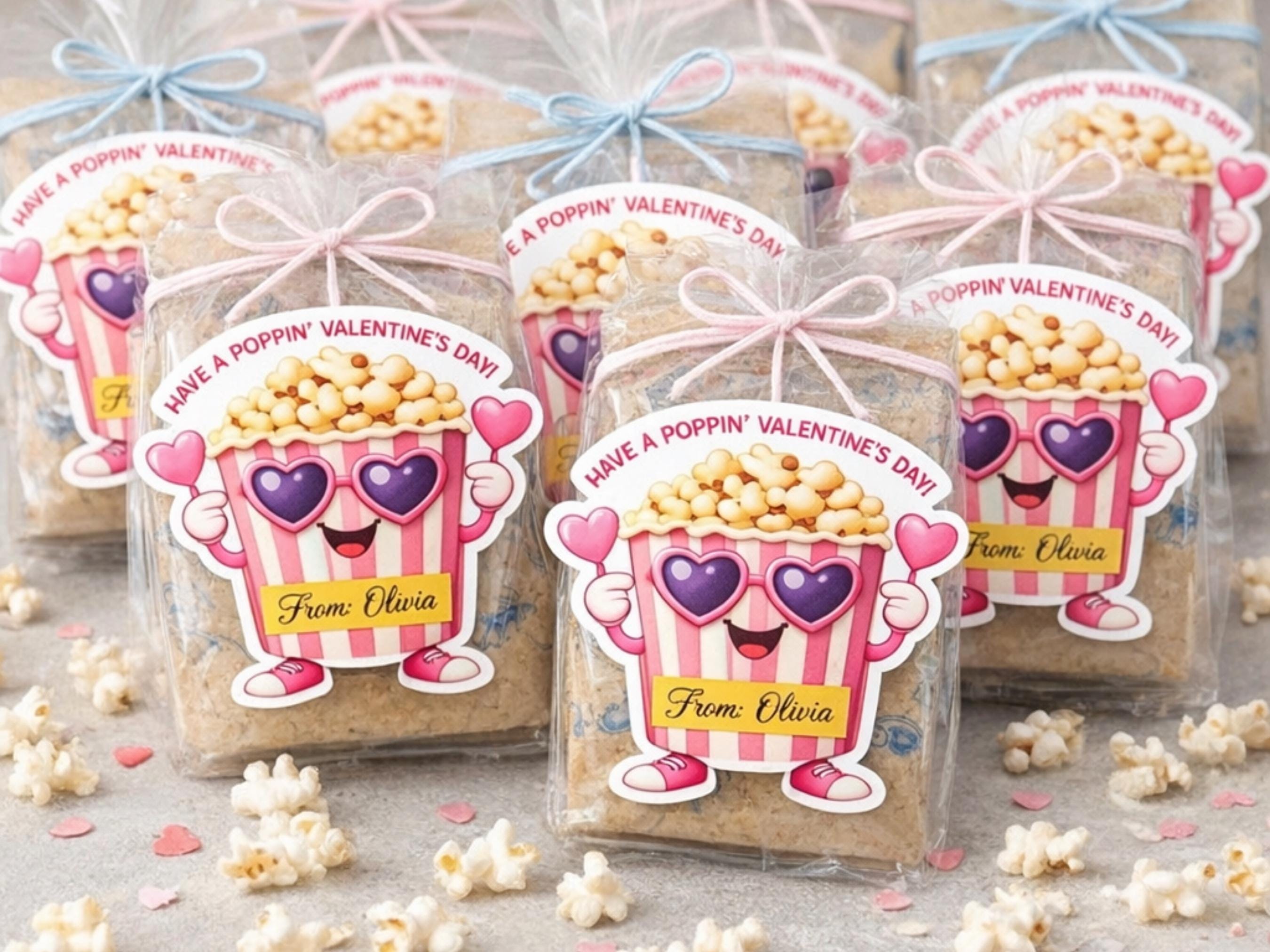 Popcorn Sticker Samples Valentine Popcorn Stickers – Custom Name Classroom Valentine Tags for ...