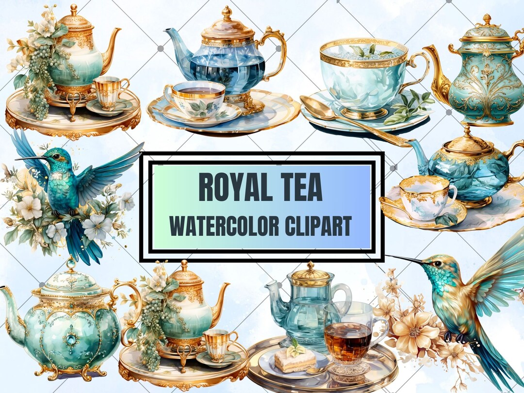 Watercolor Royal Tea Clipart Fancy Ornate Jewel Teacups and Teapots PNG ...
