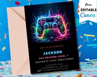 Modèle d’invitation d’anniversaire de jeu vidéo, invitation de jeu vidéo, lueur au néon, invitation d’enfant, fête de jeu de garçon, invitation de joueur de garçon, Canva modifiable