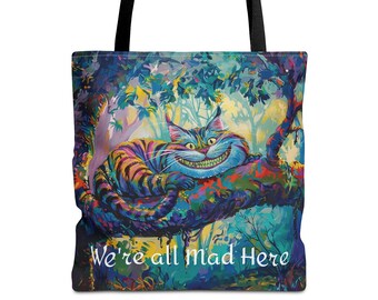 Stregatto - Siamo tutti matti qui - Tote Bag (AOP) Alice nel Paese delle Meraviglie, interpretazione ispirata a Lewis Carroll del felino ghignante