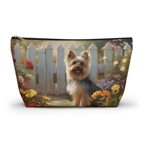 Yorkie Waiting at the Gate T-Bottom Pouch, Yorkie Lover Gift, Cute Dog Zippered Bag, Pet Lovers Organizer. Yorkshire terrier Dog Mom Gift