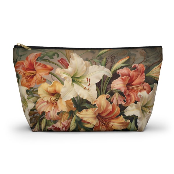 Daylilies in Flemish Tapestry Accessory Pouch, T-bottom Bag, Floral Design, Organizer, Gift for Herr, Flemish Inspired,  bag for Small Item