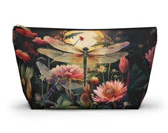 Pochette à fermeture éclair pour accessoire Dragonflies Sunrise avec fond en T, impression miroir sur le devant et l'arrière, petite et grande fermeture à glissière noire ou blanche.