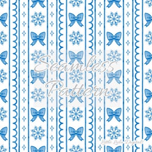 May include: Seamless pattern design featuring blue bows, snowflakes, and diamond shapes on a white background. Vertical stripes with scalloped edges and straight lines create a festive, wintery aesthetic. The text "Seamless Pattern" is overlaid.