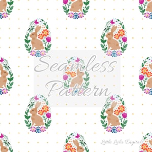 Peut inclure: Un motif sans couture représentant un lapin brun assis dans un œuf de Pâques coloré avec des fleurs et des papillons. Le fond est blanc avec un petit motif de pois jaunes.