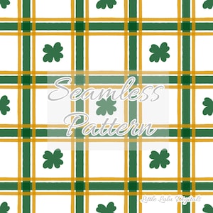 May include: A seamless pattern featuring a white background with a grid of intersecting dark green and mustard yellow lines. Small dark green four-leaf clover shapes are distributed within the white squares. The text Seamless Pattern is centered.