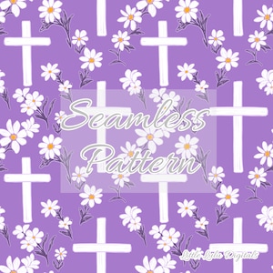 Op de afbeelding: Naadloos patroon met witte kruisen en madeliefachtige bloemen met gele centra en paarse stelen, tegen een lavendelkleurige achtergrond. De tekst "Seamless Pattern" staat in het midden van de afbeelding.