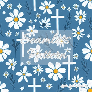 Può includere: Motivo senza cuciture con margherite bianche con centri gialli e croci bianche su sfondo blu. Il testo "Seamless Pattern" è sovrapposto. Il design include anche piccoli fiori a forma di stella e foglie blu scuro.