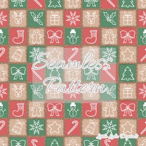 May include: A seamless pattern featuring a variety of Christmas-themed icons, including a gingerbread man, a stocking, a bell, a candy cane, a snowflake, a star, a bow, a Christmas tree, a snowman, and holly. The pattern is in a patchwork style, with each icon appearing in a different colored square. The colors used are red, green, brown, and white.