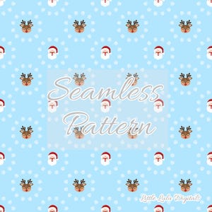 Può includere: Uno schema senza cuciture con uno sfondo blu chiaro con fiocchi di neve bianchi, volti di Babbo Natale rossi e bianchi e volti di renna marroni con corna. Il testo "Seamless Pattern" è al centro dell'immagine.